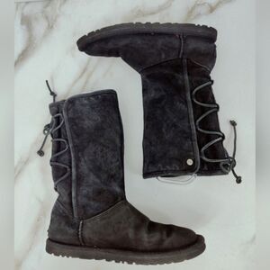 UGG Tasman Women's Black Suede Braided Rear Tie Mid Calf Boots, Sz 5
